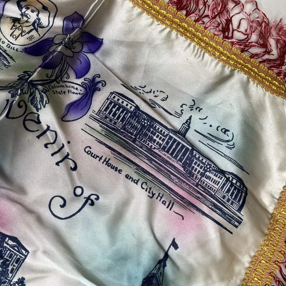 Vintage Souvenir of Denver Satin &Fringe Pillowcase Square 17